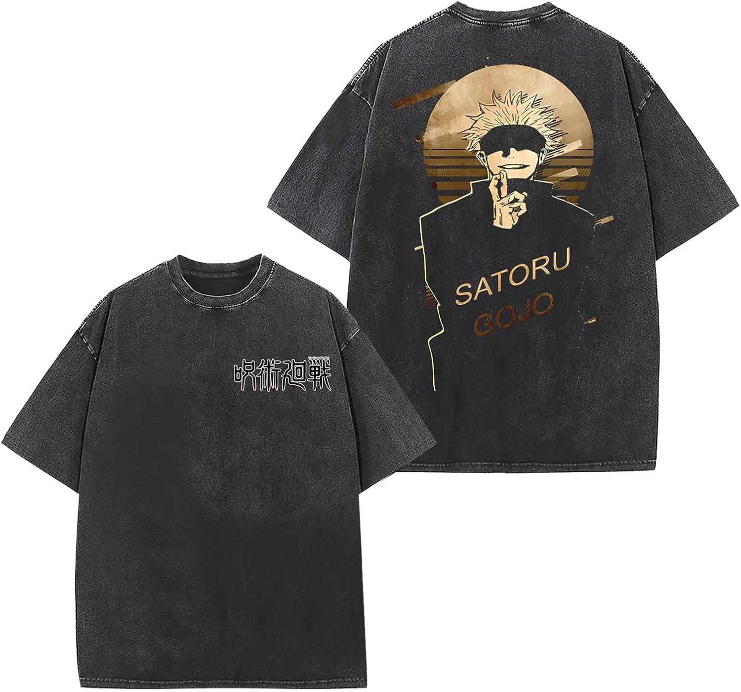 Jujutsu Kaisen Gojo Satoru T Shirt Golden Graphic Men Back Print Acid Wash Streetwear Anime Oversized Cotton Top Tee M