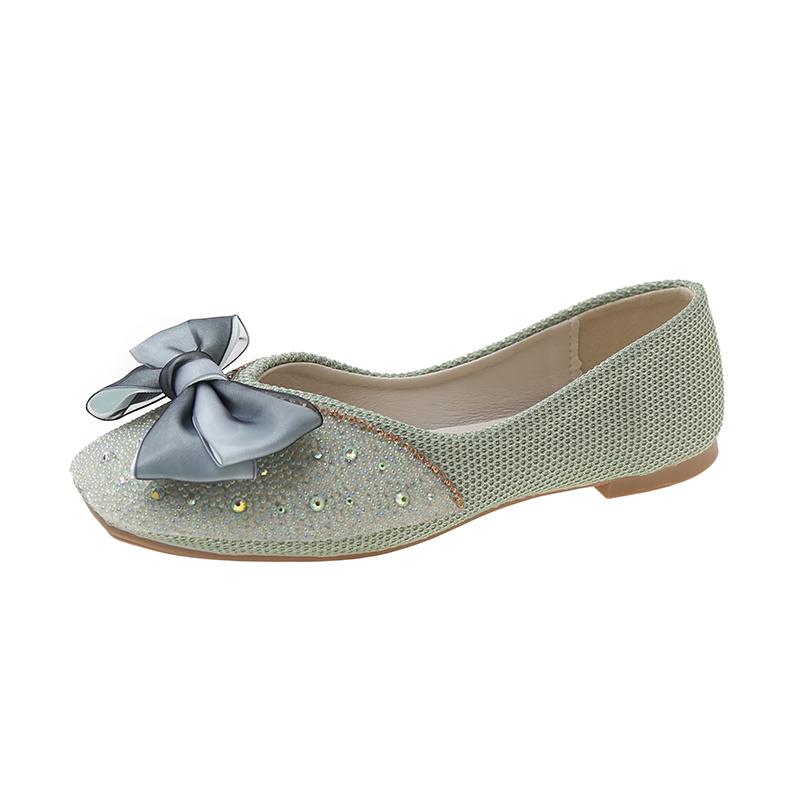 

Bow Flats Autumn New Square Toe Shallow Mouth Rhinestone Slip-on Non-Slip Low-Top Single 40 зелений