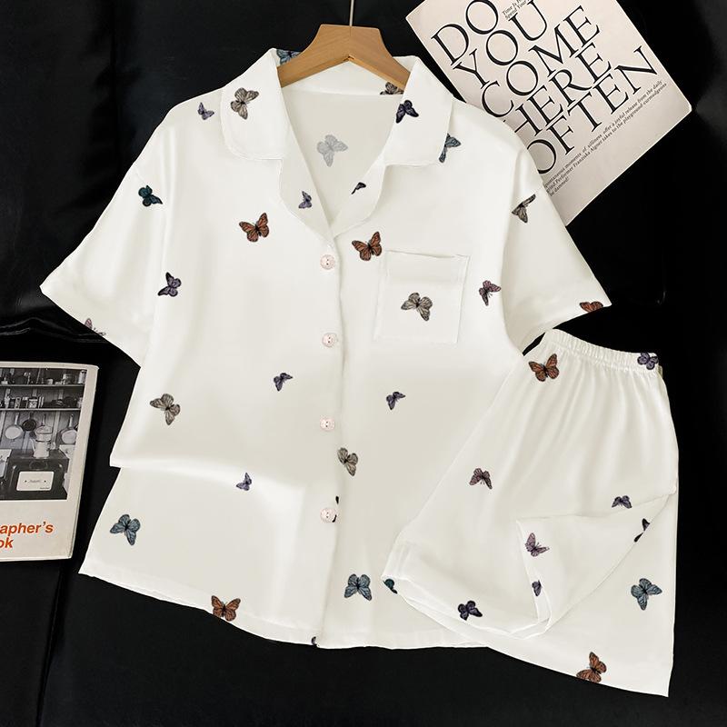 

Французская высококачественная пижама из ледяного шелка с бабочками, женская летняя с коротким рукавом, кардиган, комплект из двух предметов для дома 2XL