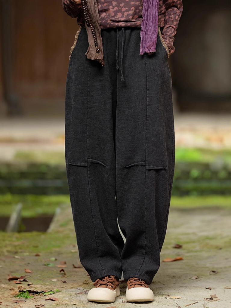 Johnature Women Winter Plush Warm Bloomers Pants Solid Color Trousers Elastic Waist Patchwork Pockets Long Pants