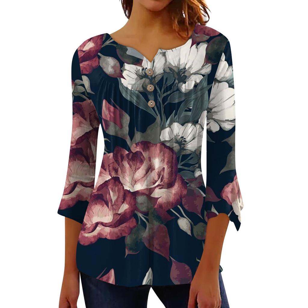 Button Down Shirts For Women Print Tunic Summer Tops Dressy Casual Bell 3/4 Sleeve V Neck Spring Blouses