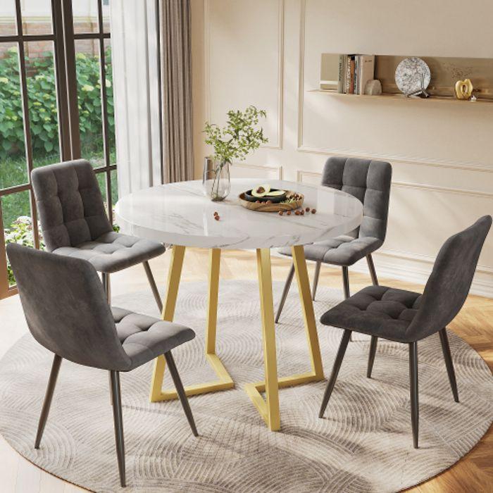 Ensemble de table à manger - MUVOE - Table ronde 80 cm - 4 chaises en velours - Métal - Design contemporain