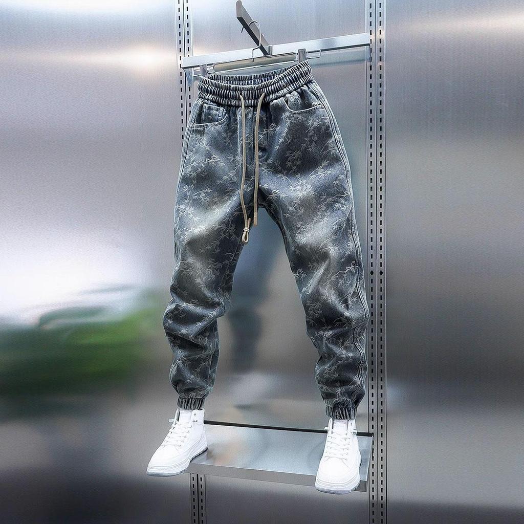 Spring and Autumn Men's Jeans Harem Pants Loose Harajuku Straight-Leg Trousers Men Clothing Elastic Waist Small Leg Pants