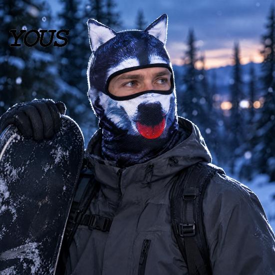 Celotvářová maska 3D zvířecí uši Kukla, Kočka Pes Sněžný lev pro Cosplay Halloween, Kryt Venkovní Cyklistika Lyžování Potisk