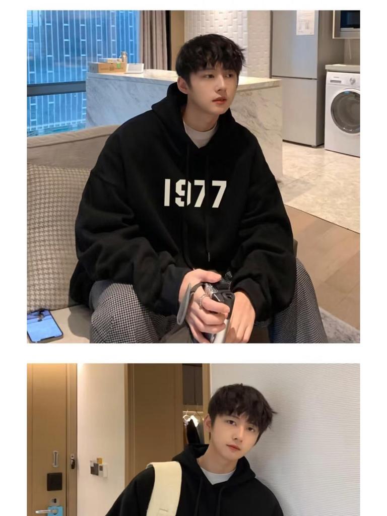 1977 American Fashion Übergroßes Herren-Kapuzensweatshirt - Schweres Design, Frühling/Herbst, Unisex