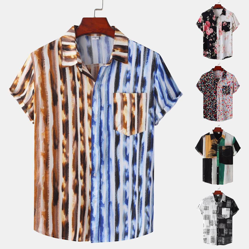 Men's Loose Casual Hawaiian Vacation Short Sleeve Printed Patchwork Top Beach Button Up Shirt