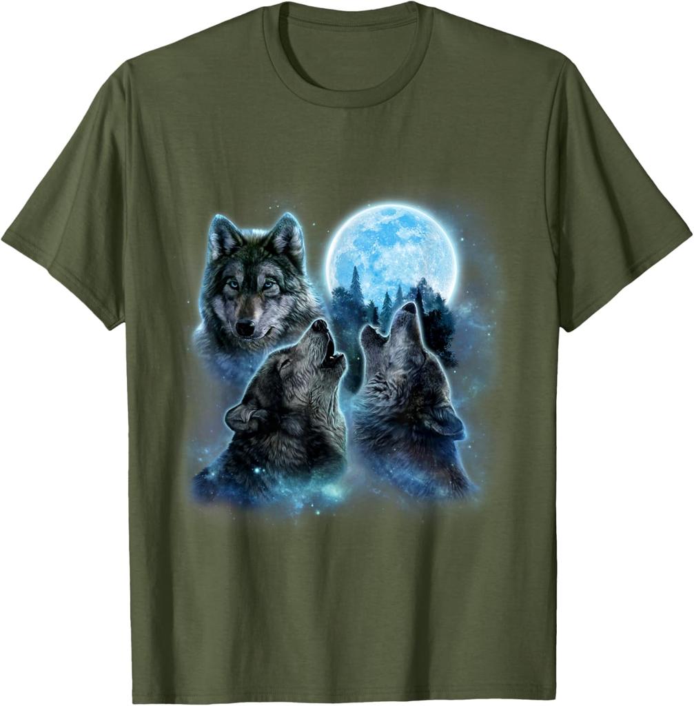 Three Wolves Howling Blue Full Moon Graphic Tee Breathable Cotton Casual T-Shirt for Men