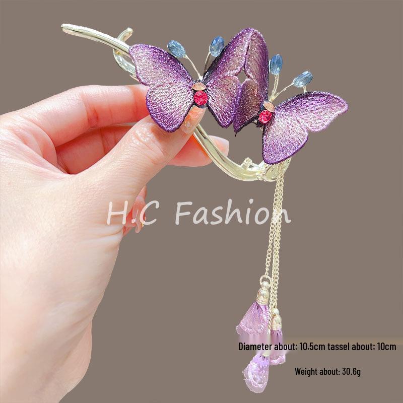 Retro Embroidered Butterfly Tassel Hair Clip for Women