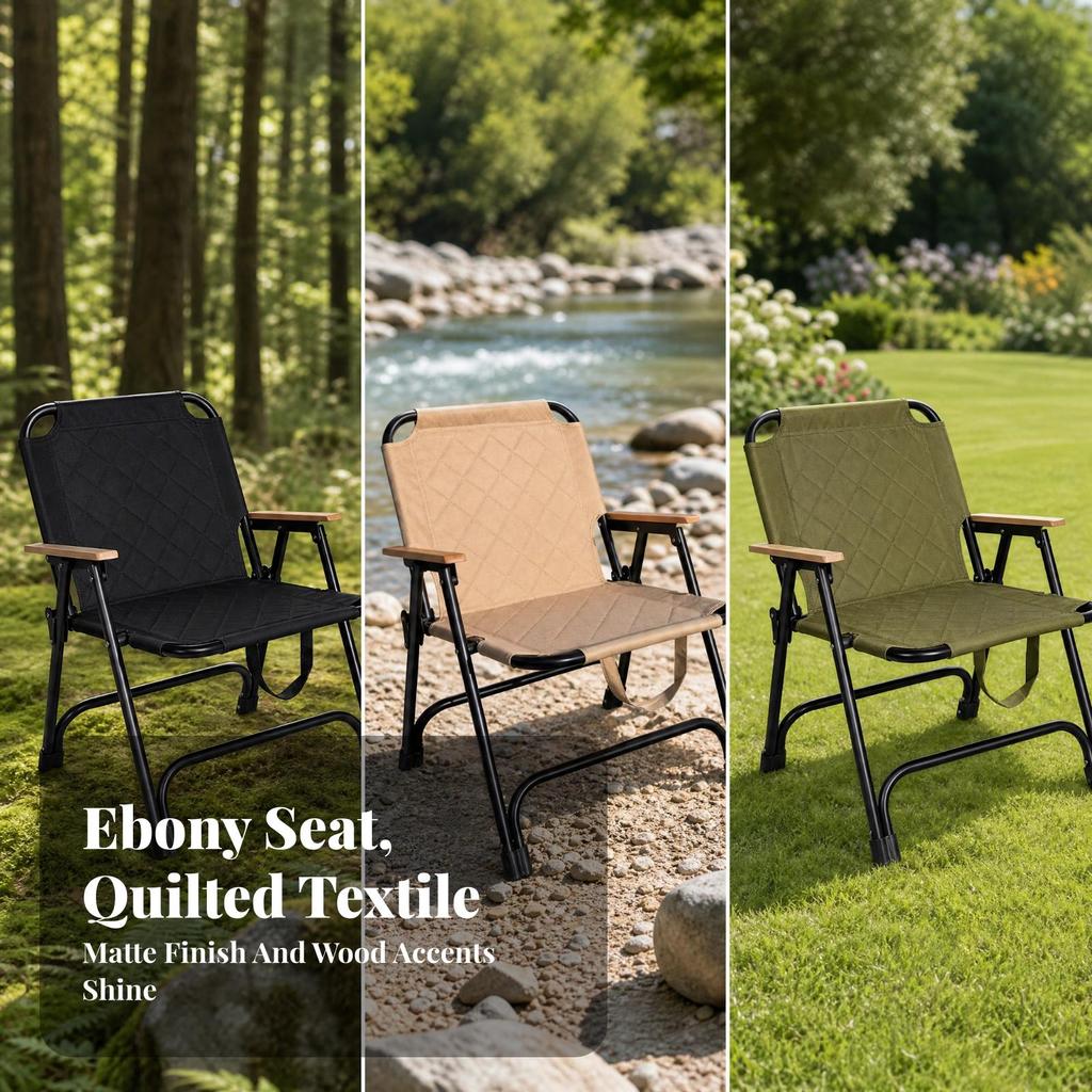 Portable Camping Chair with Wooden Armrests Supportive Padded Folding