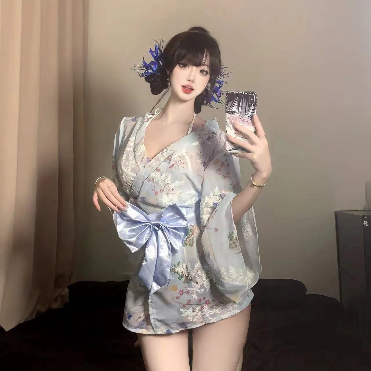 

Pure desire kimono COS sweet bow sexy print embroidered kimono bathrobe chiffon lingerie One size fits all [suitable for sizes 80-140]
