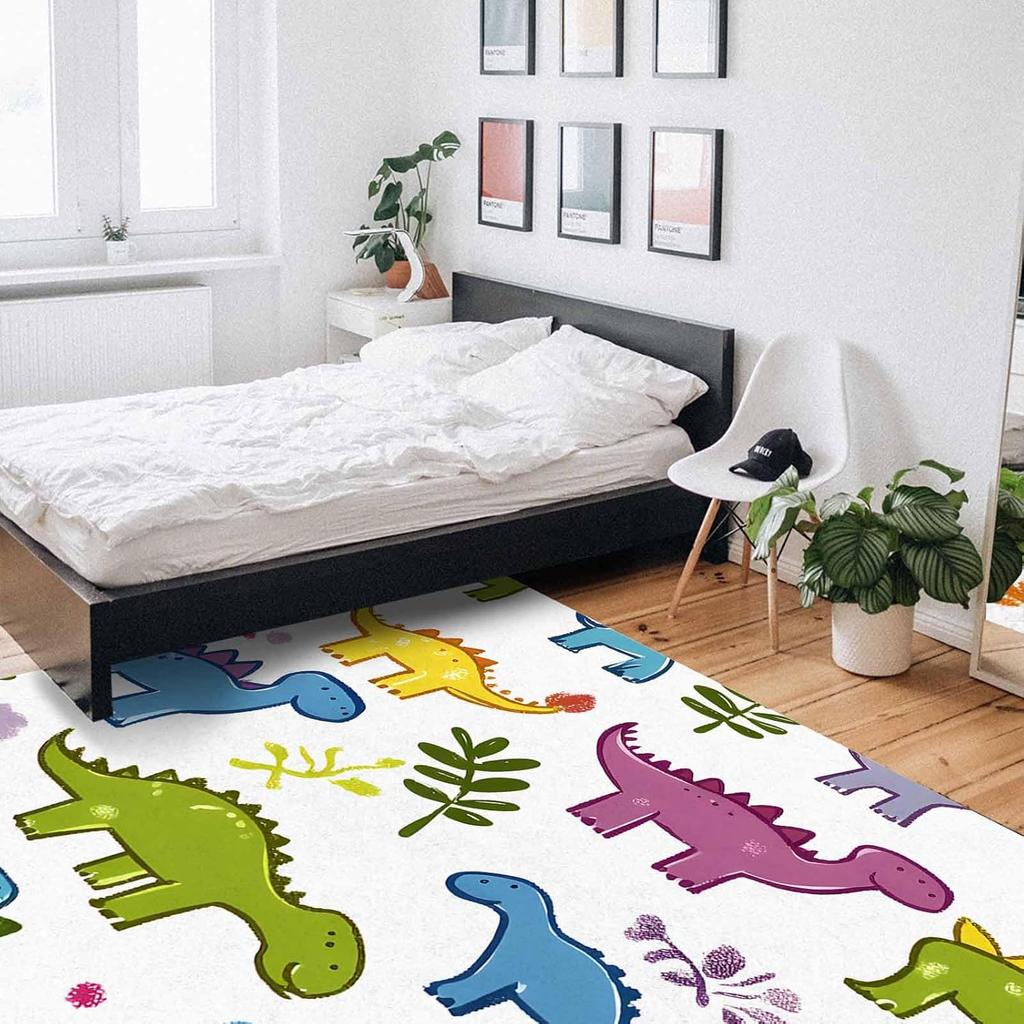 Cartoon Dinosaur Washable Area Rugs Simple Cute Non Slip Rugs for Living Room Bedroom, Low Pile Floor Mat Large Indoor Carpet