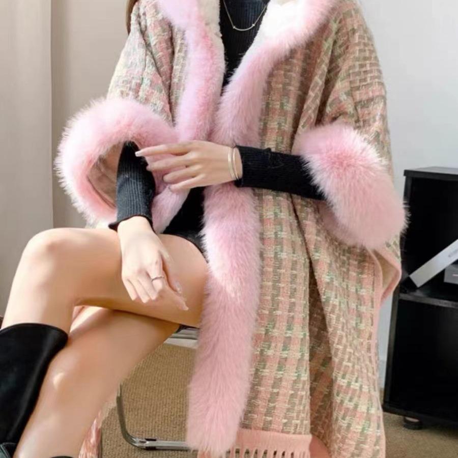 Cloak Shawl Wool Jacket Women'S Winter Hooded Medium Long Fleece Thickened Versatile Plaid Fringed Cloak Coat