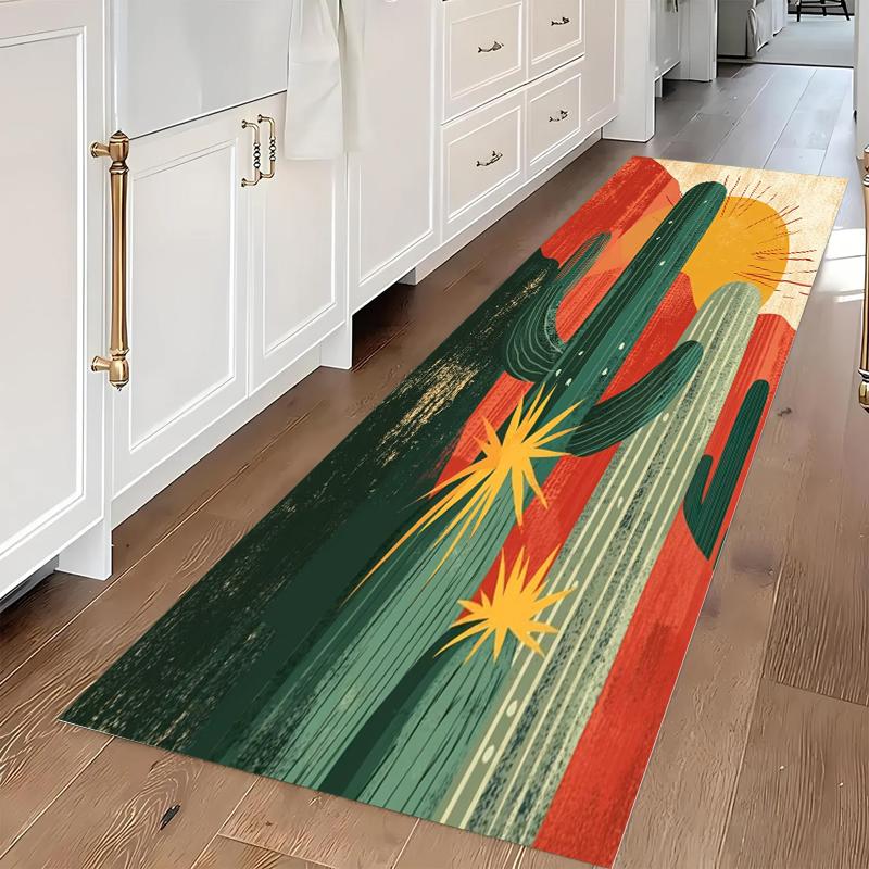 

Vintage Desert Sunset Cactus Long Runner Rug Exquisite Geometric Border Soft Washable Non-slip Mat for Hallway Corridor 40X120CM