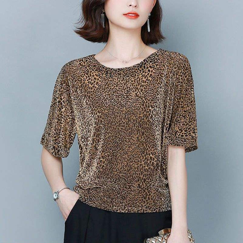 Bright silk T-shirt women's short-sleeved top summer new large size loose belly cover bright silk bottoming leopard print shirt