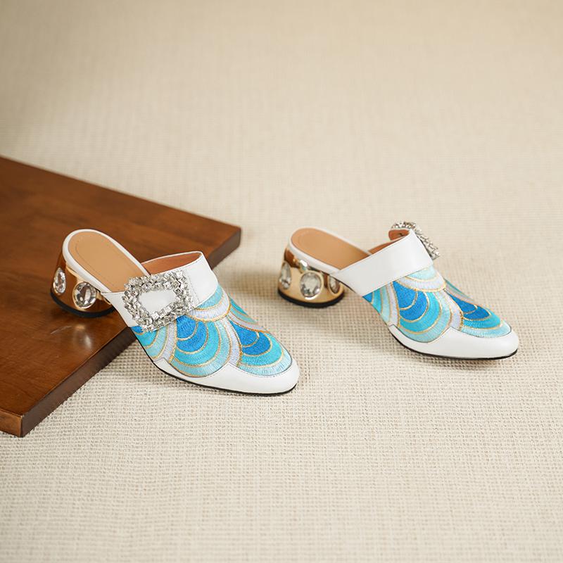 Krazing Pot Mules Cow Skin Spring Summer Size 43 Size 42 Sandals Women Crystal Heels Peacock Pattern Women Round Toe Slip on Pumps 35 синий 6797₽