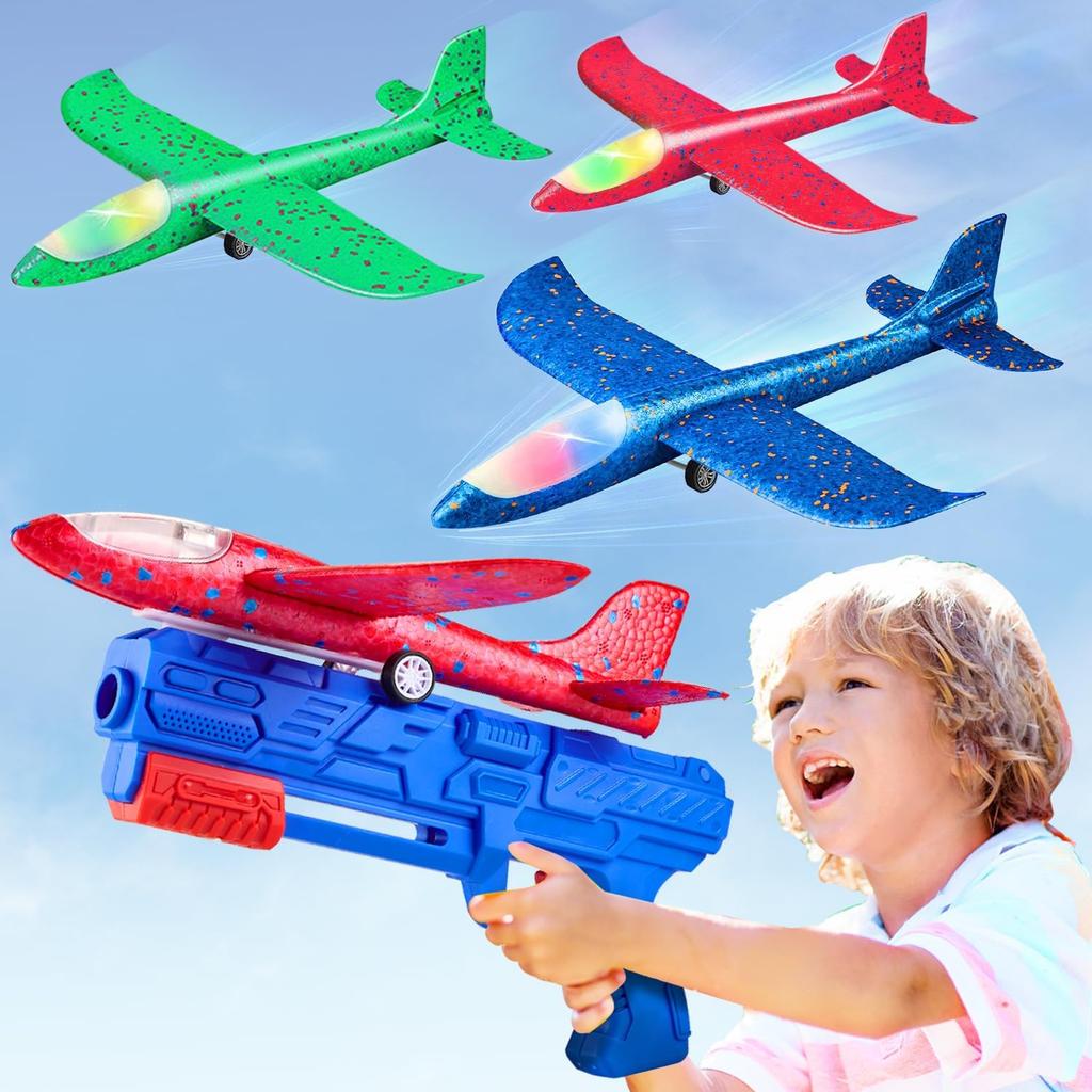 Toy Airplane, 3 Pack Airplane Launcher Toys 2 Flight Mode Glider Plane Outdoor Toys for Kids Ages 3 4 5 6 7 8 9 10 11 12 Year Old Boys & Girls