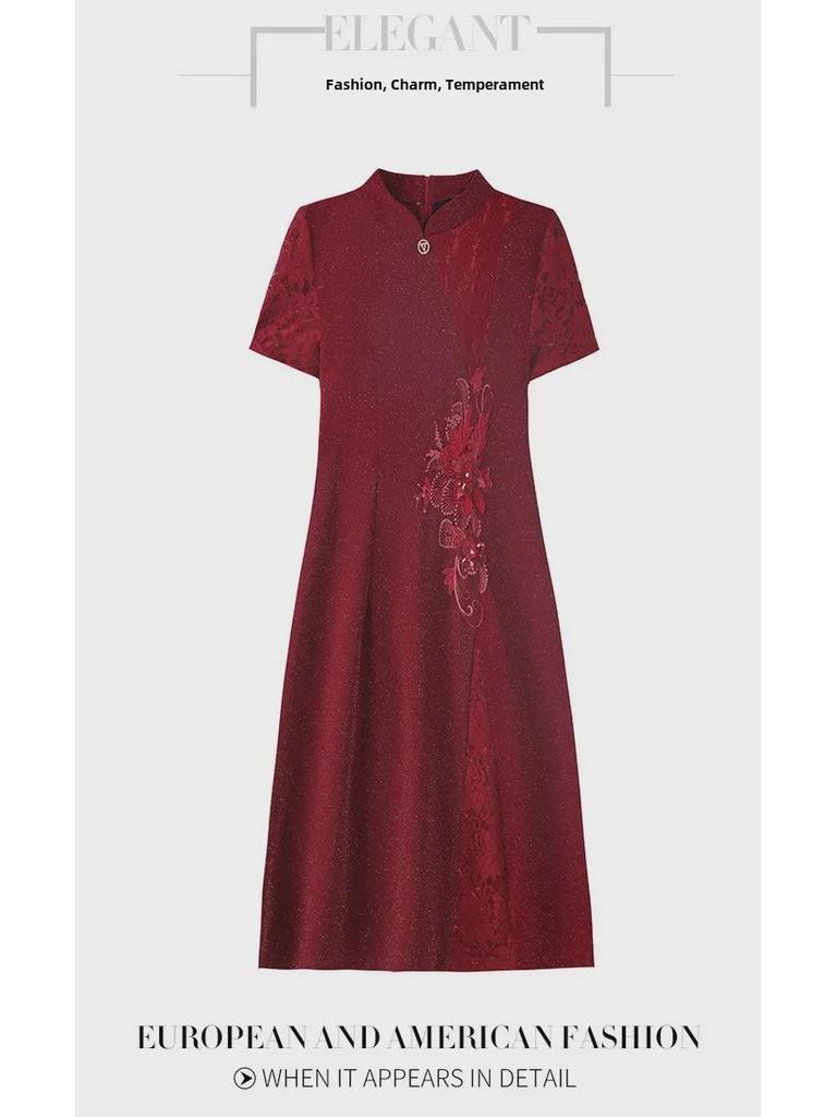 Elegant Short-Sleeve Cheongsam Dress for Stylish Mothers and Mother-in-Laws at Weddings