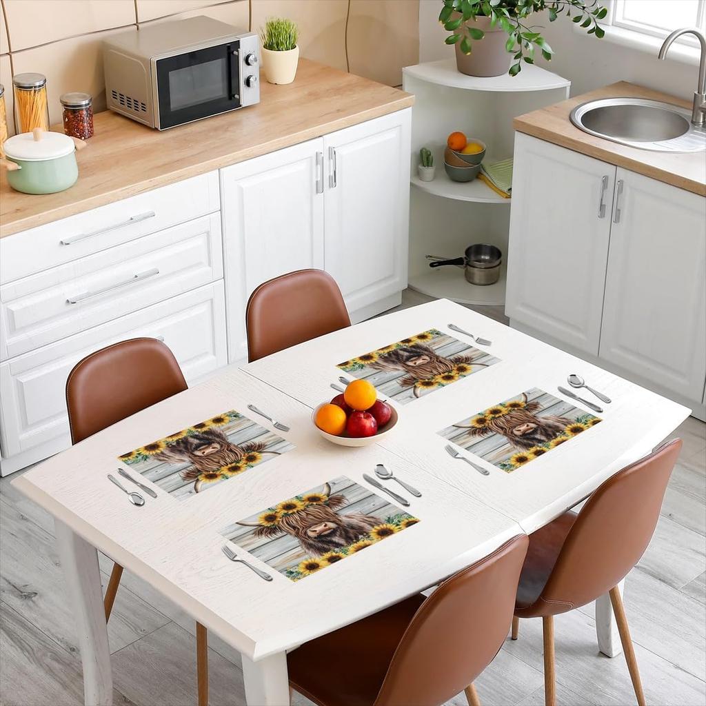 Hochlandrinder Tischsets Set of 4 18"x12" Kinder Hochlandrinder Sonnenblume Tischsets für Jungen Mädchen Teenager Tierkorn Tischset