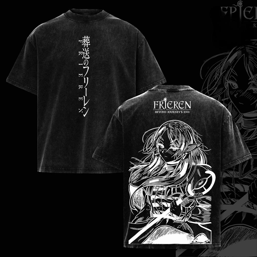 Frieren Anime Printed T-shirt For Men Clothing Vintage Washed Oversized T Shirt Summer Cotton Tees Tops