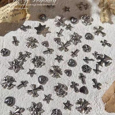 50pcs Retro Gold Silver Nail Charms Accessories Nail Diamond Rivet Metal Punk Heart-shaped Cross Nail Art Alloy Nail Deco