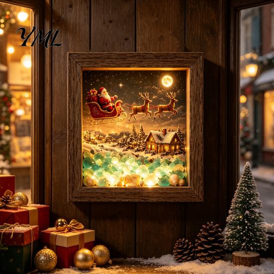 Miniature Landscape Art Christmas Sea Glass Shadow Box Night Light, 3D Winter Snow Scene Wooden Holiday Gift for Friends Frame with LED Warm