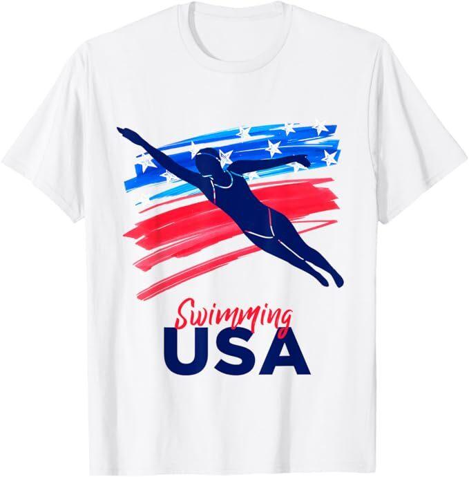 Womens Swimming Support Team Flag USA Pool Swimmer American T-Shirt, Size S-5XL