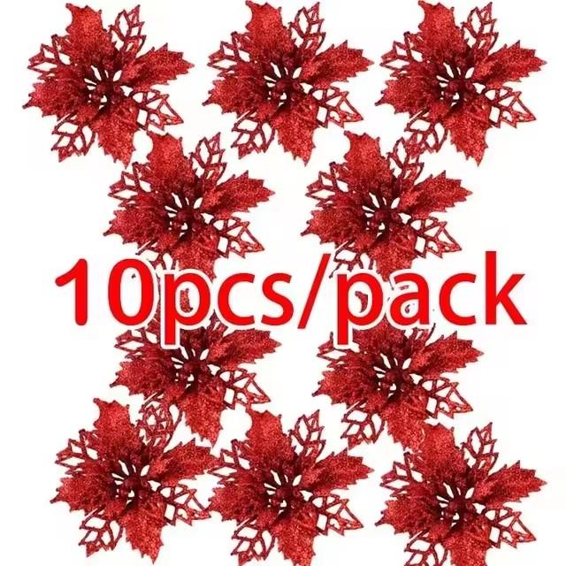 Artificial Christmas Tree Flower, Glitter Decorações, Natal Ornamentos, Presente De Ano Novo, 10pcs