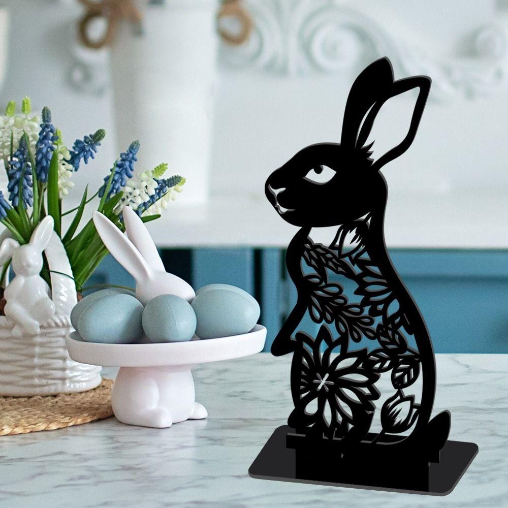 Cartoon Rabbit Easter Decorative Figurines Easter Egg Black Desktop Ornament Acrylic Accessories Hollow Carving Decoration