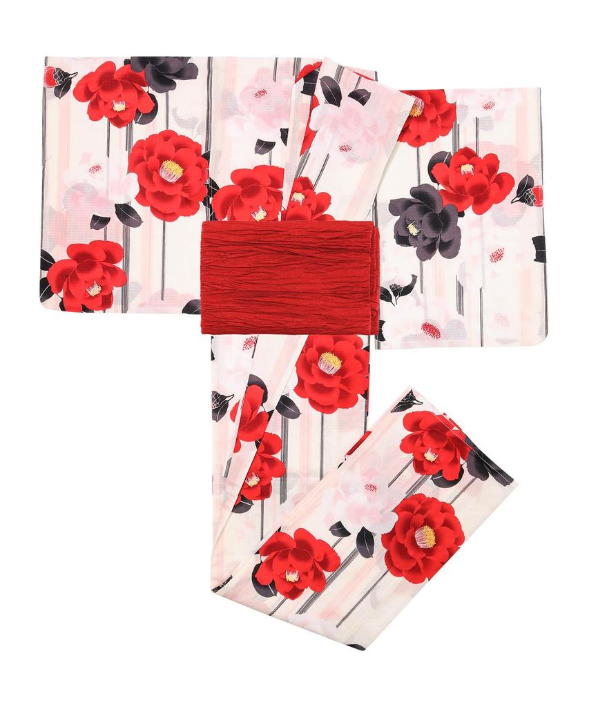 Yukata Set Junior Retro B Change Weave 2-teiliges Set Heiko Mädchen Nostalgisches Mädchen [KYOETSU] (Yukata, Obi) (7. Kamelie, 140cm)