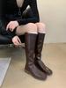 2024 Skinny Short Boots Female Head Knight Middle Heel Star Style Soft Leather  Boots Thick Heel Long Boots Platform Shoes