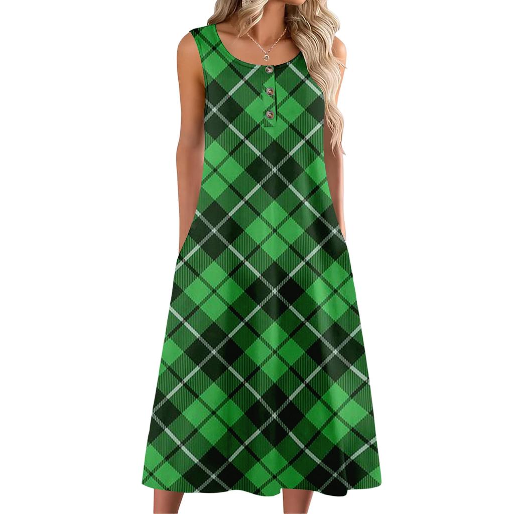 Women's Fashion Casual Sleeveless Button Plaid Print Dress with Pocket