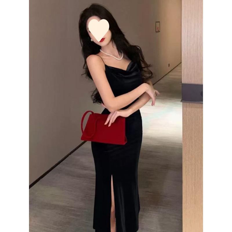 Premium Golden Velvet Suspender Dress Women's Summer Sexy Tight Fishtail Long Dress Split Hip Wrap Dress Dress