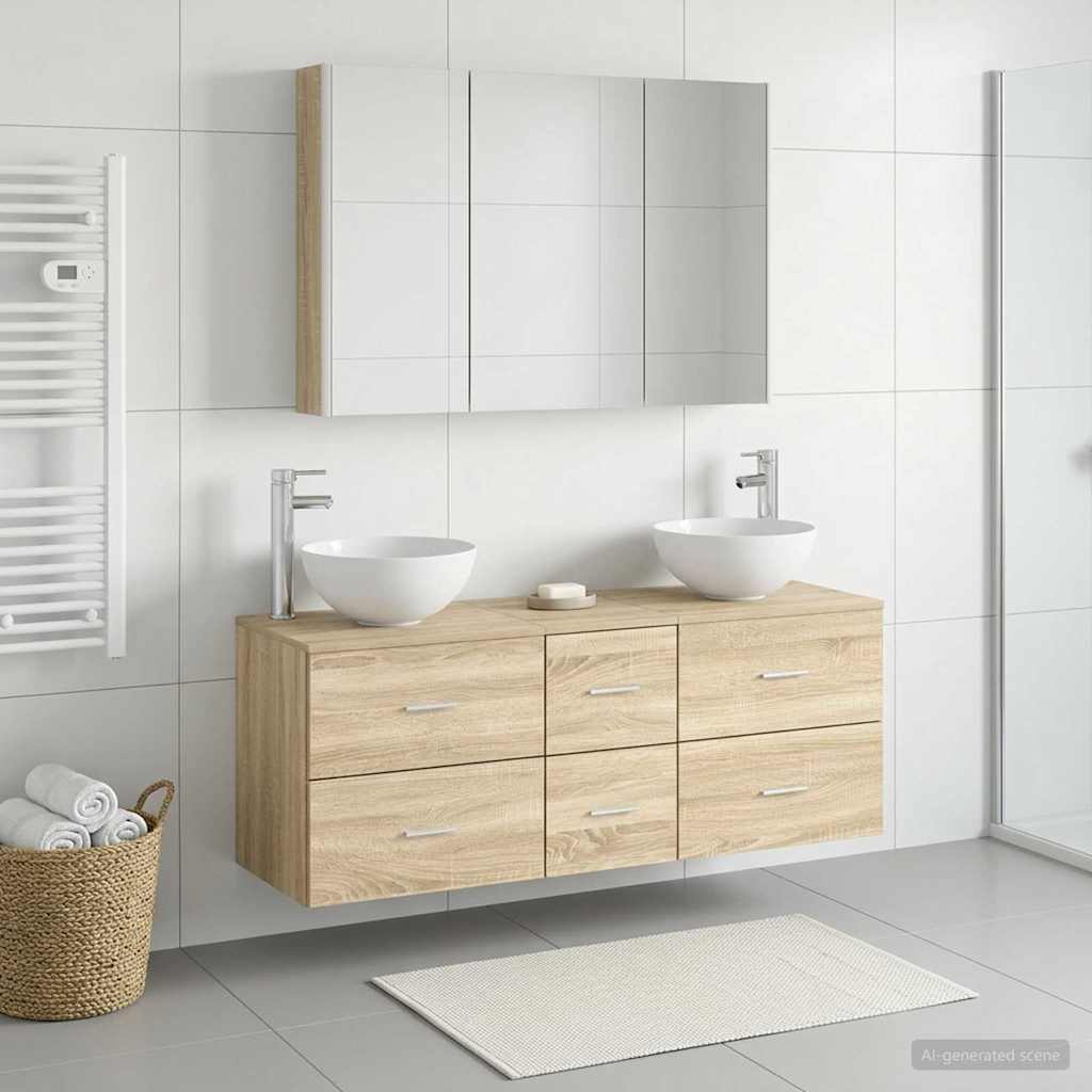 Bathroom Furniture Set 4 Pcs Sonoma Oak Engineered Wood and Glass