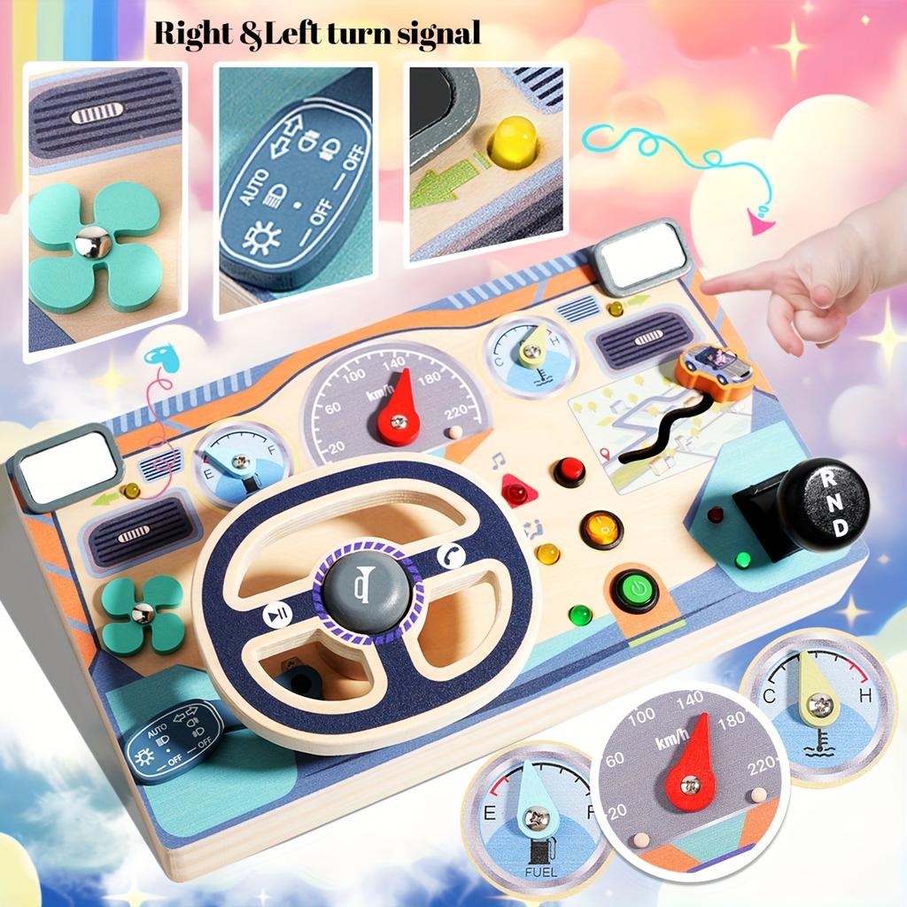 Wooden Busy Board,Sensory Toys with Light Switch,Steering Wheel Busy Board ,Travel Toys for Educational Kid Activities for Boys Girls, Random Color