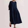 Loose Plus Size Cotton Linen Round Neck Pullover Dress - Japanese & Korean Style, Solid Color, Knee-Length Swing Skirt.