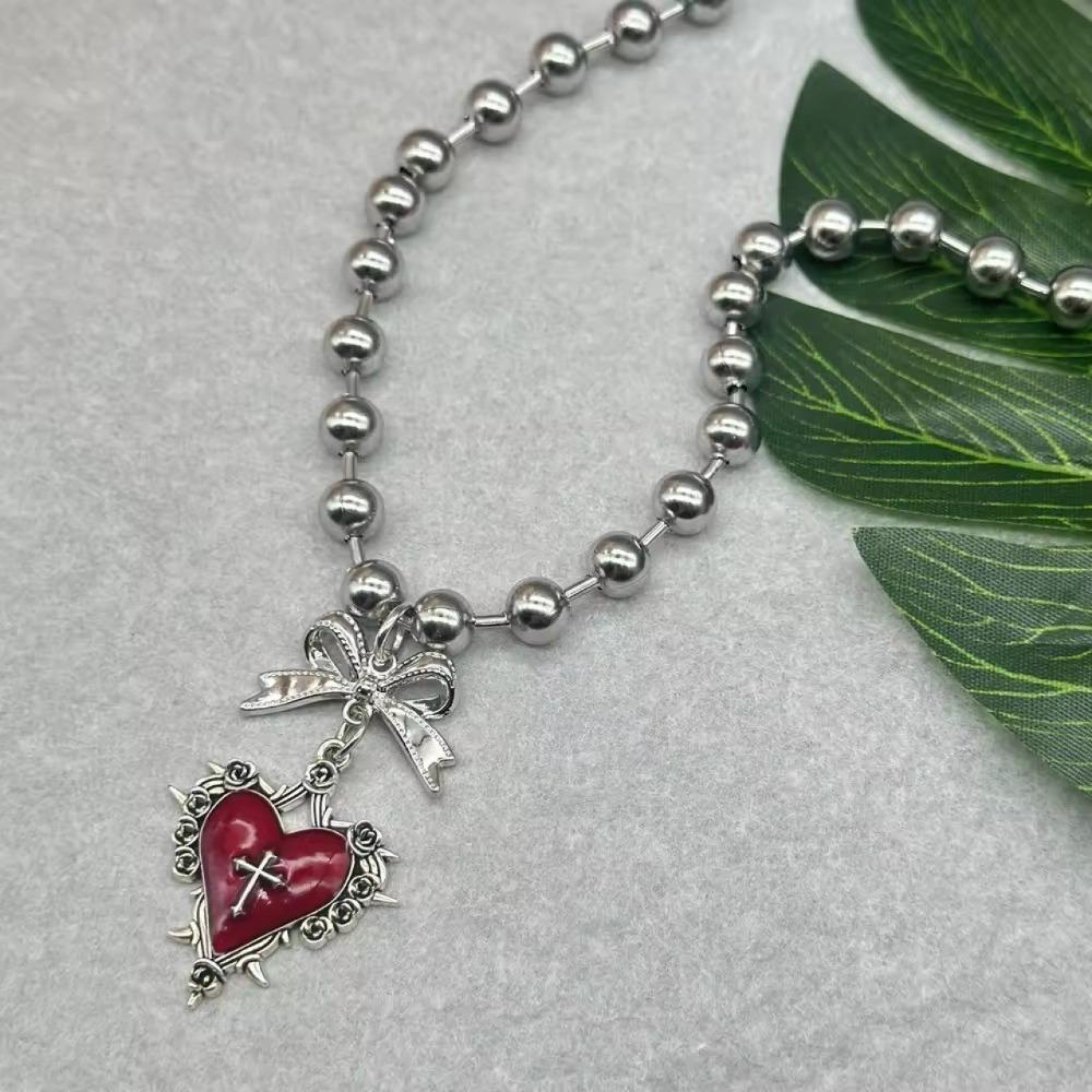 Y2k Subcultuur Zilverkleurig Strikje Rode Druipglazuur Doornig Hart Hanger Kralenketting Ketting voor Vrouwen Mannen Gotische Charm Sieraden
