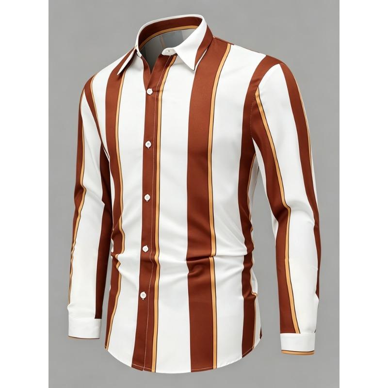 Men's Olive Green Vertical Striped Long Sleeved Shirt with Collar, European and American Business Daily Casual Versatile Top