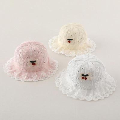 Spitze Rüsche Baby Prinzessin Hüte Niedlich Kirsche Einfarbig Frühling Herbst Bucket Hats Für Mädchen Koreanisch Lässig Spitze Kinder Sonnenschutzhut