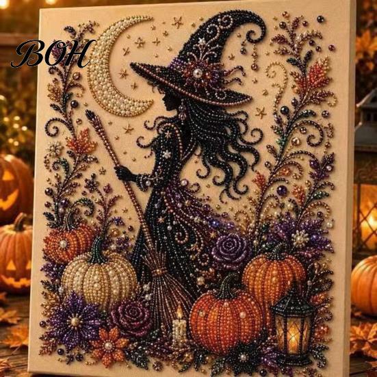 Unique Birthday Gifts for Her Ghost Faux Pearl Art DIY Kit with Frame, Halloween Cat Painting Craft Adults And Teens Kit, 3D Witch Pumpkin Adults,