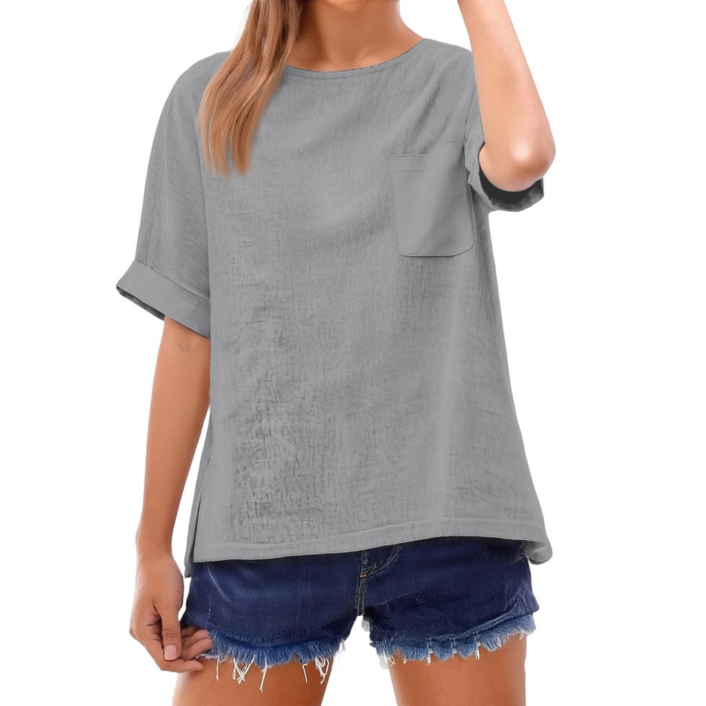 Fashionable Color Short Sleeve T-Shirt With Pocket Design, Fashionable Round Neck Lightweight Top For Women