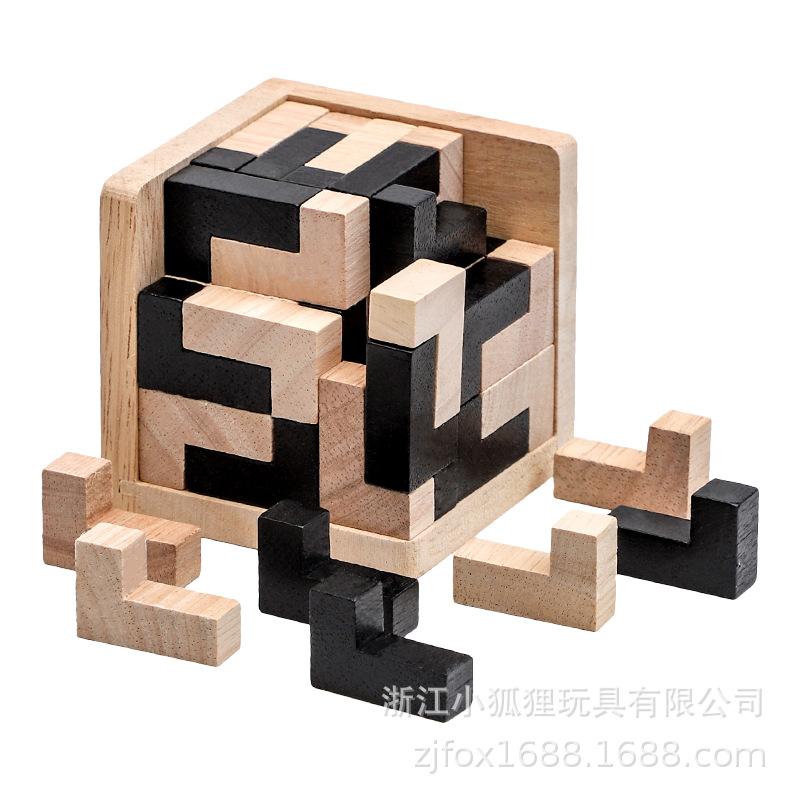 Wooden 3D Kongming & Luban Lock Magic Cube Tetris Puzzle for Kids