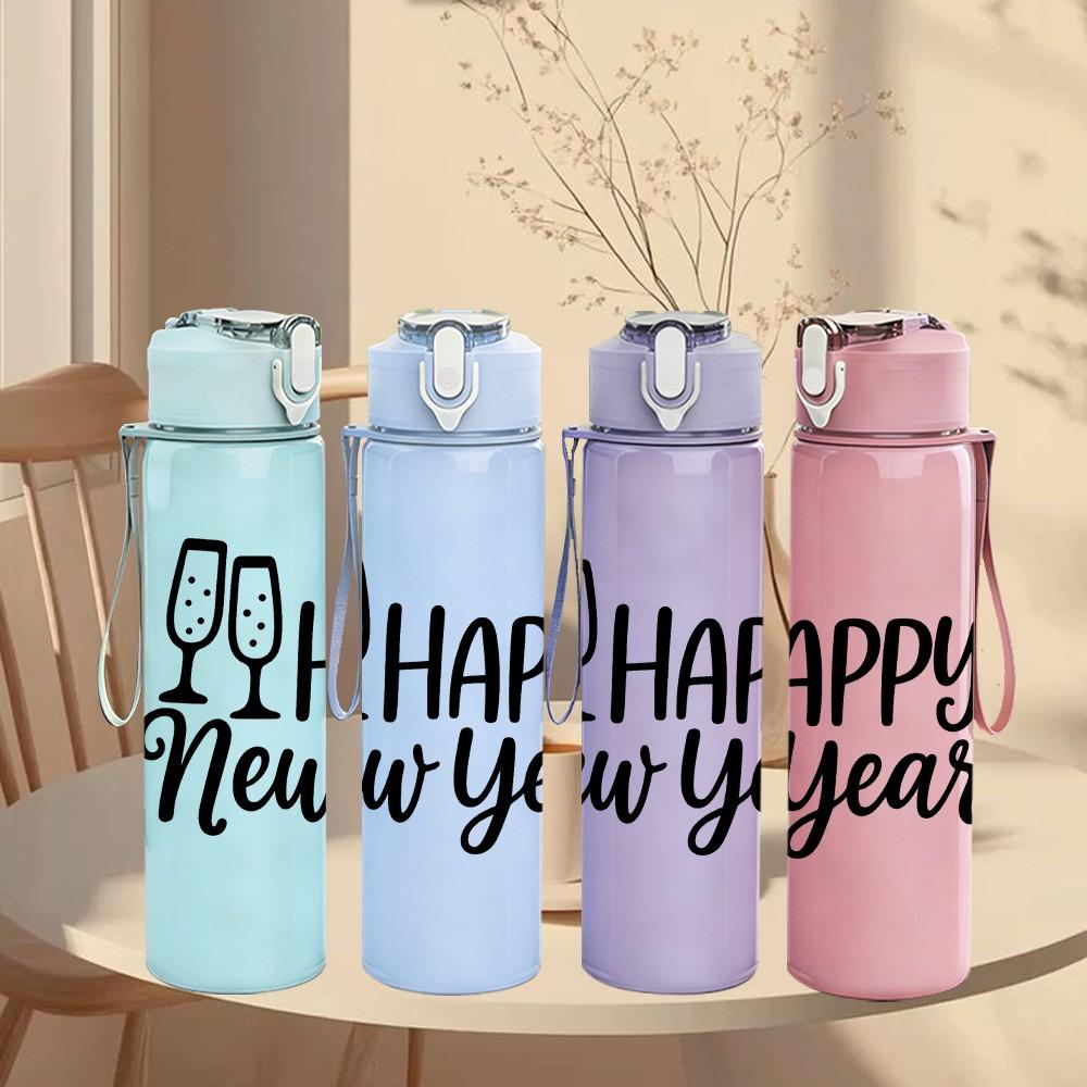 1PC Happy New Year Wine Glass 750ml Color Plastic Sports Water Bottle Leakproof Flip Straw Lid Suitable for Sports Office Home Use