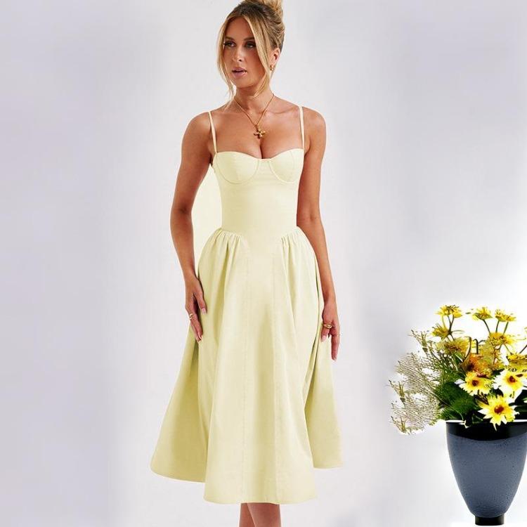 Women Print Dress High Waist Knee-Length Fashion Design Sense V-neck Backless Spaghetti Strap