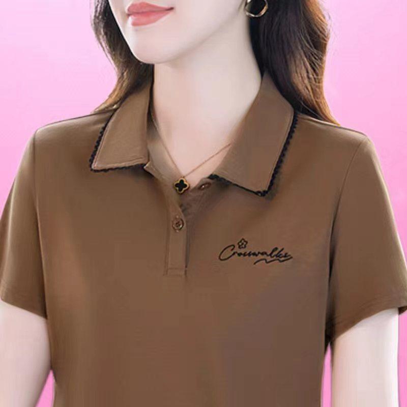 New Short-sleeved Women's Summer Temperament Versatile Polo Loose and Fashionable Lapel Embroidered Versatile Top T-shirt