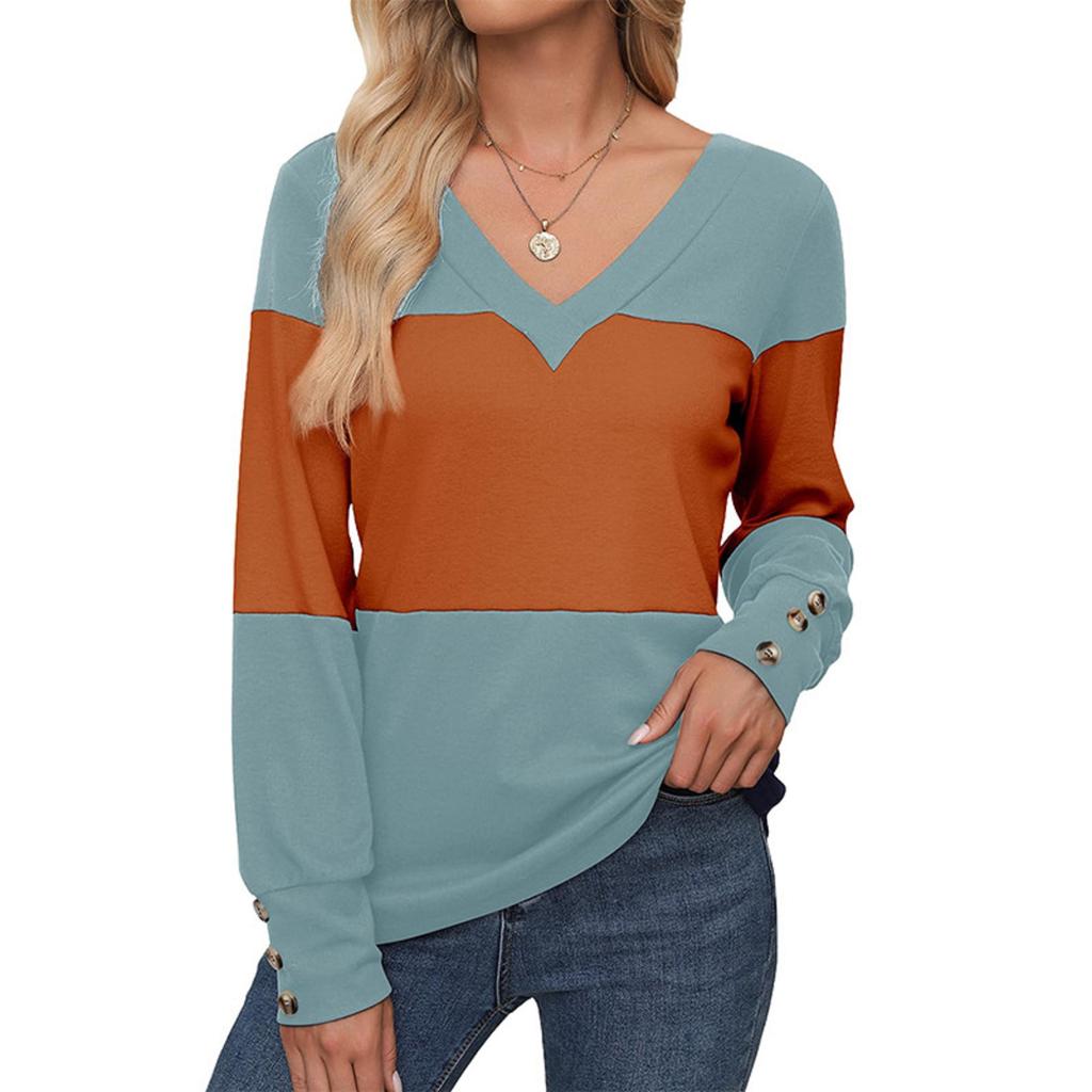 Women's Loose V-Neck Long Sleeve Colorblock T-Shirt Button Long Sleeve