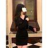 Small V-neck waist pleated dress for women's spring and autumn long-sleeved slim-fitting short hip skirt