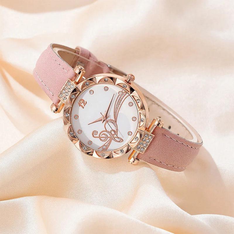 Ceas Elegant pentru Doamne Set de 6 Piese Inel Inimă Colier Cercei Set Brățară Curea PU Ceas cu Cuarț pentru Doamne