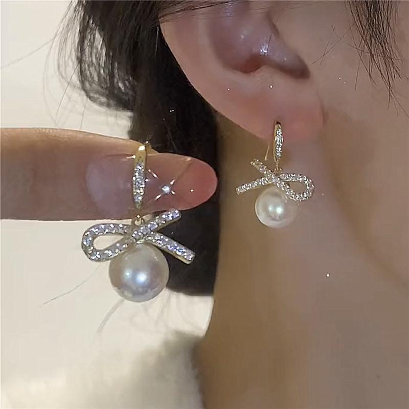 2025 Trendy Korean Micro-Inlaid Zircon Bow Earrings with S925 Silver Needle and Pearl for Women