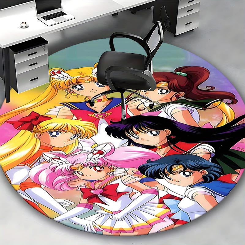 1pc Sailor Moon Round Carpet for Office Chair Mat, Anime Cartoon Design, NonSlip Rug, Suitable for Home Decor, Living Room, Bedroom
