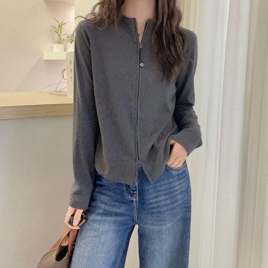 

Elegant Dark Blue Slimming Cardigan: Women s Stand Collar Zipper Long Sleeve Jacket for Spring/Autumn XL [62.5-70 kg]